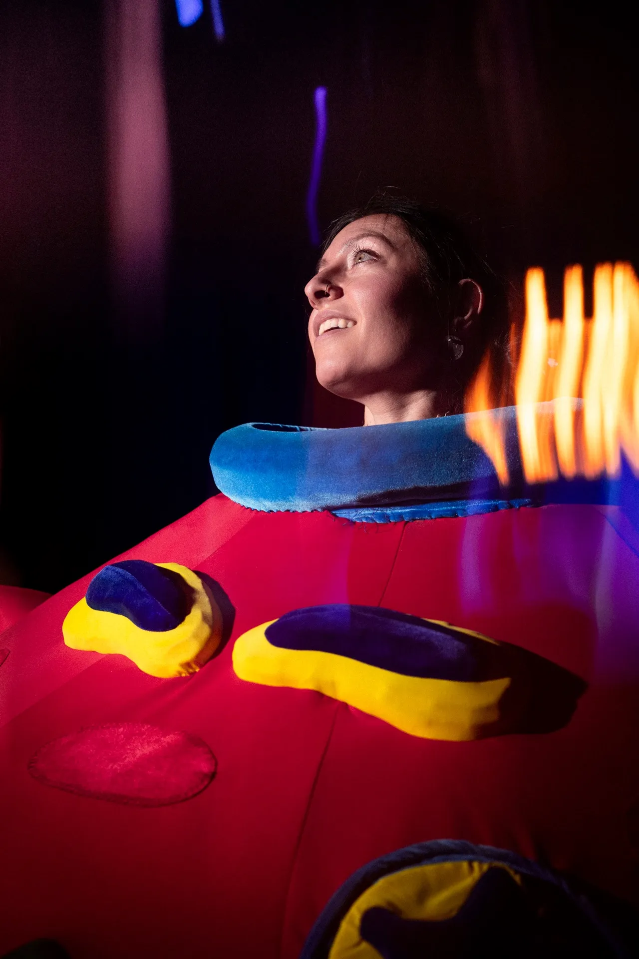 An immersive visual artist, or IVA, playing the role of The Clown, performs for guests at Luna Luna.